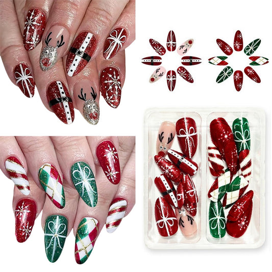 Christmas Press on Nails Kit 48 Pcs Medium Almond Fake Nails 2 Style False Nails with Bow Snowflake Reindeer Glitter Designs Glossy Glue on Nail Winter Acrylic Nails for Women Girls