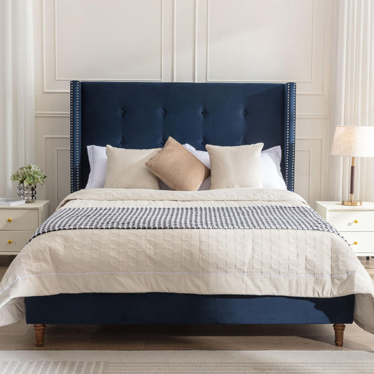 GDFStudio Tall Headboard Upholstered Bed,Queen Size Platform Bed Frame with Headboard Nailhead Trim Wingback,54" High No Box Spring Needed Easy Assembly Traditional Hand Buttoned Tufting Blue Velvet
