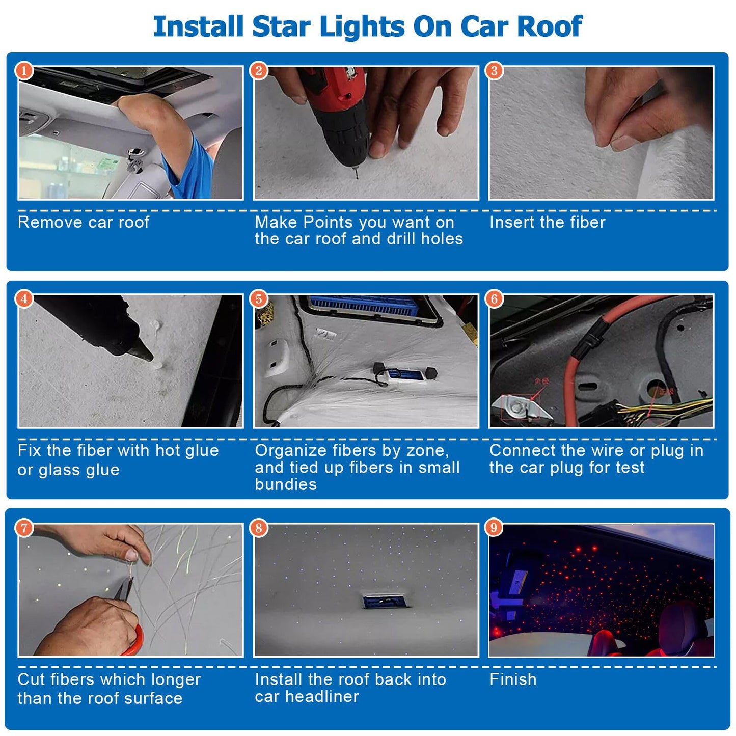 AZIMOM Mini 6W Twinkle 550pcs0.03in 9.8ft Fiber Optic Starlight Headliner+180pcs Fiber Pure White Meteor Shooting Star for Car Home, End Glow Fiber Strands Sound-Activated APP& Remote Control