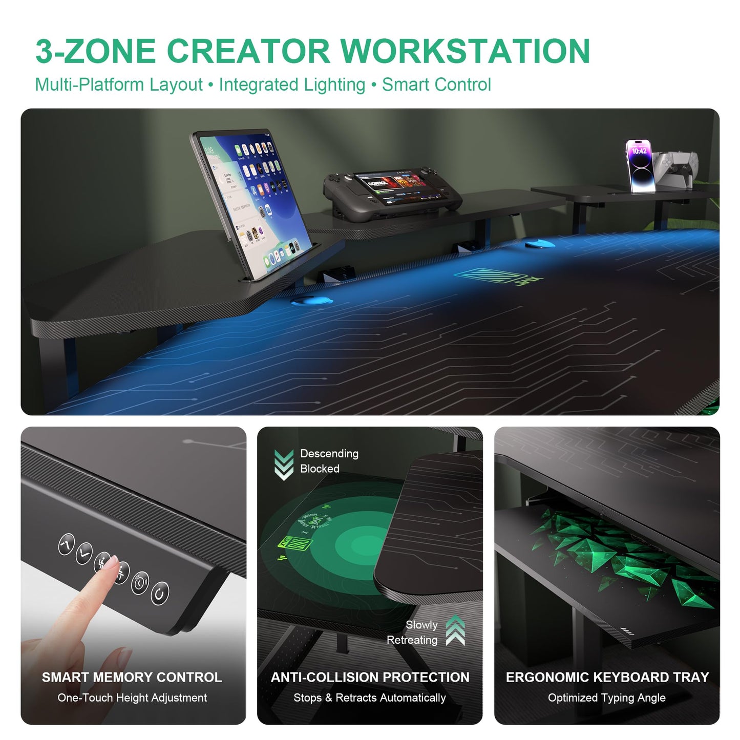 JWX 72" Height Adjustable Gaming Desk, 3-Zone Creator Workstation with Acrylic RGB Lighting, Keyboard Tray & Full Desk Mouse Pad, Dual Motor Sit Stand Desk for Streaming, Studio & Home Office