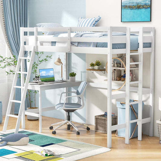 KOMFOTT Twin Loft Bed with Desk, Solid Wood Twin Bed Frame with 2 Ladders, Safety Guardrail for Teenagers, Space-Saving Loft Bed with Wooden Slats Support, No Box Spring Needed (White)