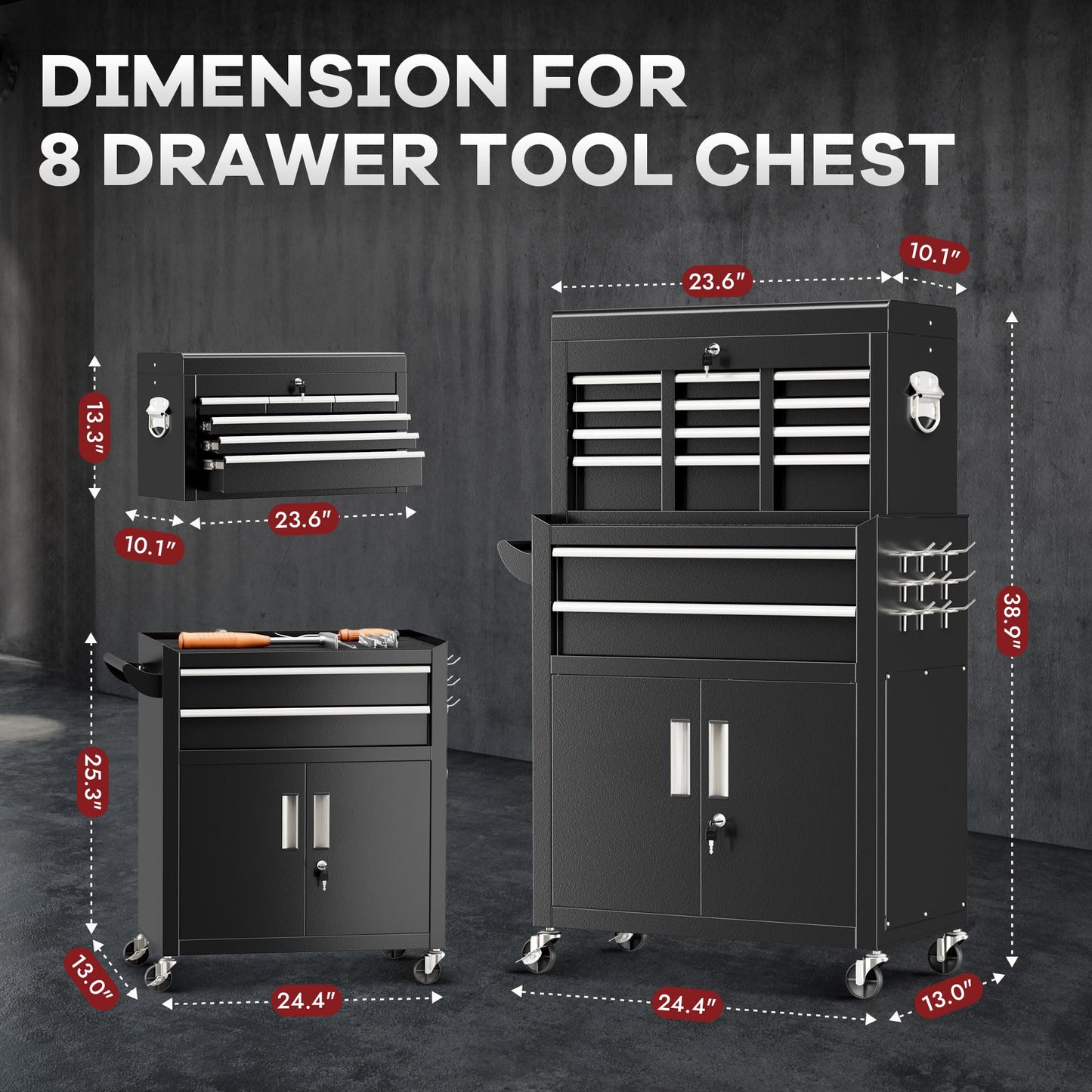 Bonusall 8 Drawer Rolling Tool Chest and Cabinet Combo,Heavy-Duty Metal Garage Tool Chest with Wheels and 2 Doors,2-in-1 Top Box and Roller Cabinet Combo for Garage, Workshop, Warehouse-Black