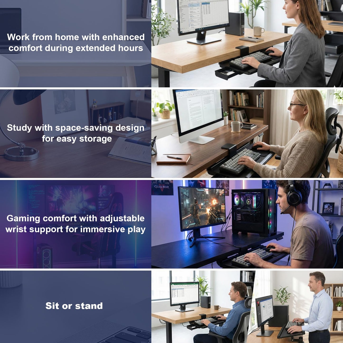 Upgraded Adjustable Keyboard Tray with Drawer for Above Desk & Under Desk Use, 25"×10.6" Ergonomic 360° Rotating Keyboard Stand with Wrist Rest, Clamp On Keyboard Platform for Office Gaming Studying