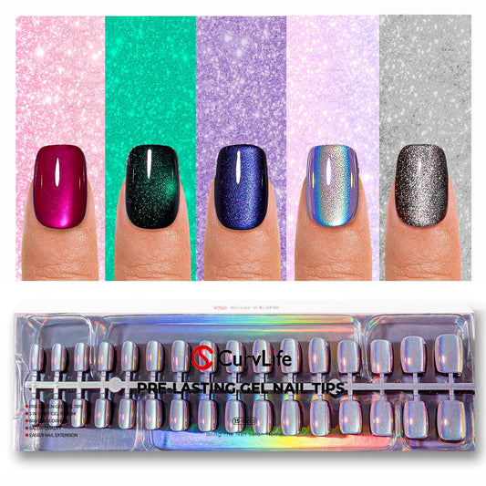 CurvLife Soft Gel Cat Eye Press On Nails Square, 160Pcs 32Size Square Full Cover Nail Tips, Glossy Glitter Light-Chasing Design, Reusable Stick On Nails for Women & Girls