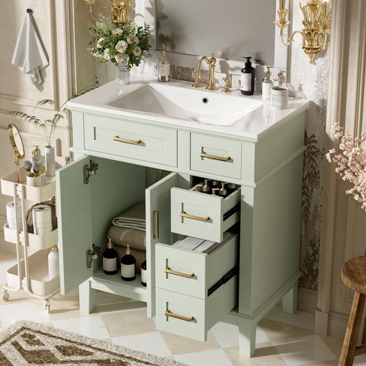 Favfurish 30" Bathroom Vanity with Ceramic Sink, Modern Storage Cabinet with Soft-Close Doors,Deep Drawer & Standard Drawer, Stylish Bath Vanity for Small Bathroom,Easy Assembly,Green