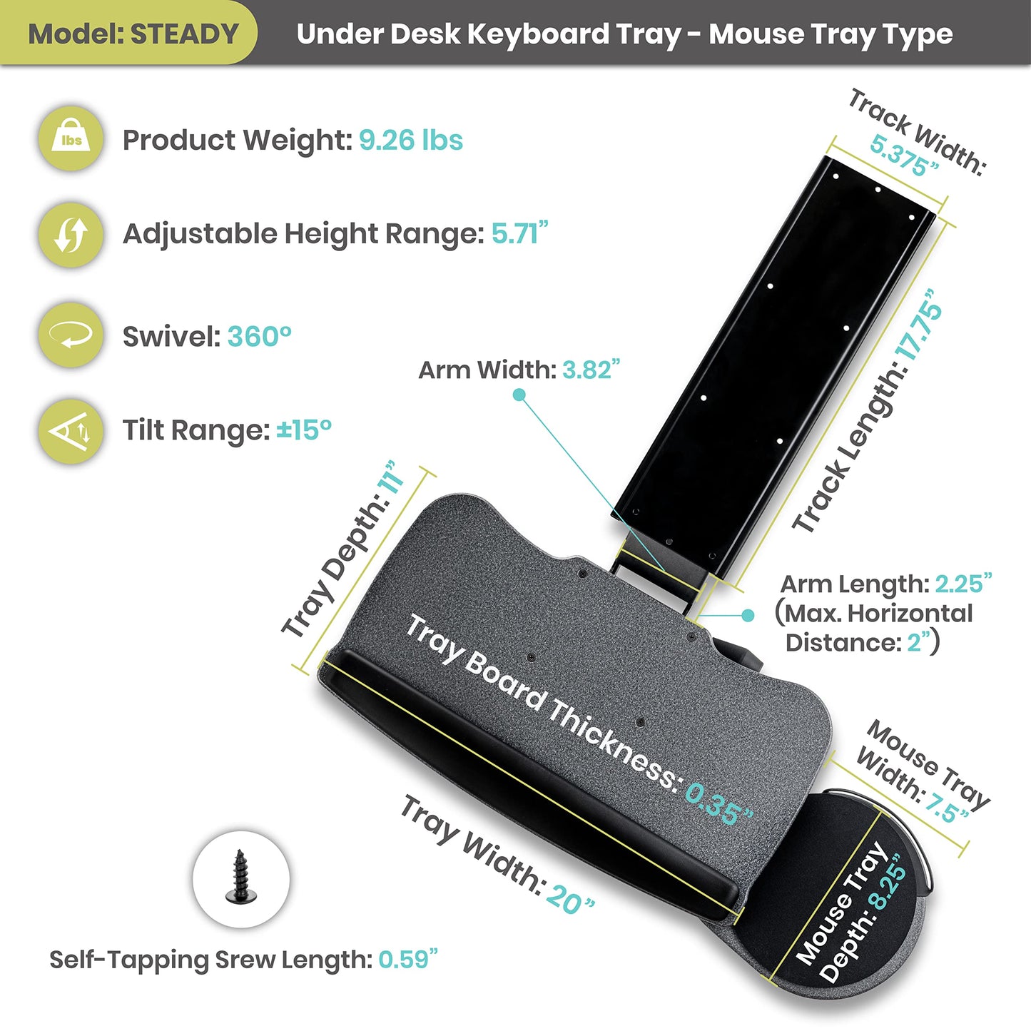 FERSGO Under Desk Keyboard Tray, 20" x 11" Tray, 17.75" Track, One Knob Control, Undermount Sliding Computer Keyboard and Mouse Tray with Wrist Rest, Swivels 360° with Adjustable Height and ±15° Tilt