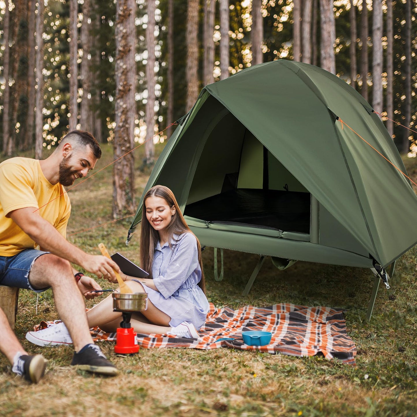 Tangkula 2 Person Tent Cot, Portable Off Ground Elevated Camping Tent with Cot, Removable Rainfly, Wheeled Bag, Stakes & Wind Ropes for Picnic, Hiking, Travel, Beach