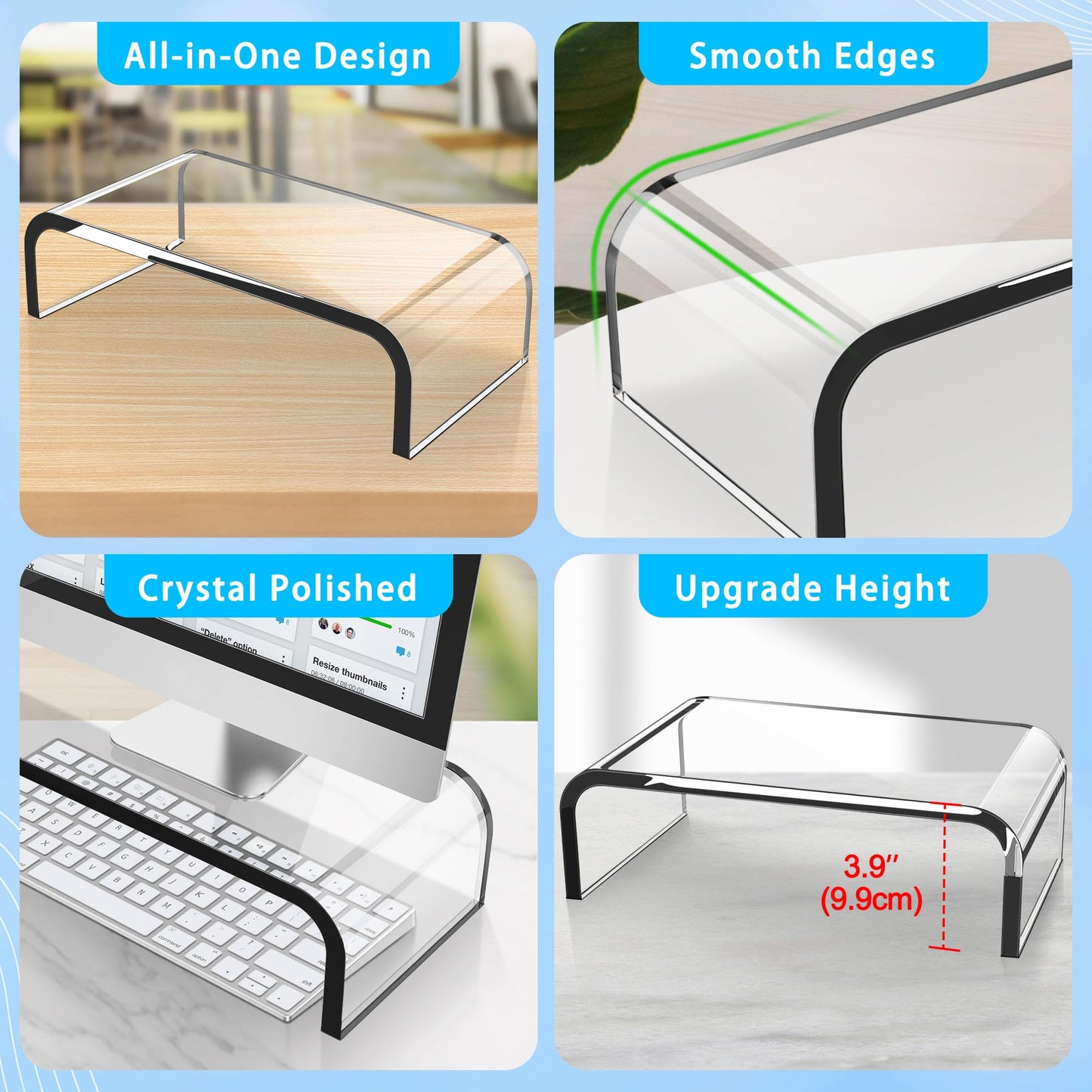 AboveTEK Acrylic Monitor Stand – Clear Monitor Riser & Computer Desk Stand, Premium Acrylic Laptop Stand for Home Office, PC TV Stand with Keyboard Storage Heavy Duty Desk Riser
