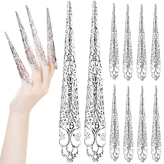 ANCIRS 20 Pack Finger Nail Tip Claw Rings, Ancient Queen Costume Fingertip Claw Nail Rings Decoration Accessory, Finger Knuckle Protectors for Halloween Cosplay Drama Dance Show- Silver Color