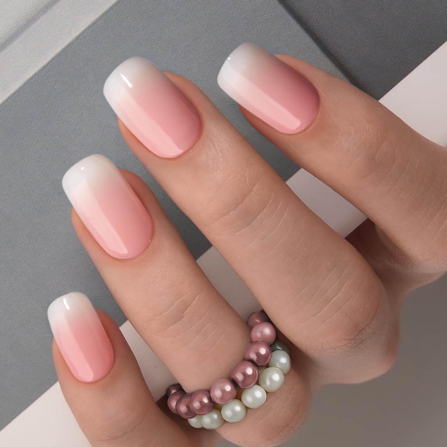 CurvLife Soft Gel Press on Nails Acrylic Fake Nails with Nude Ceramic Gradient Design Full Cover False Nails for Women Reusable Nail Kit