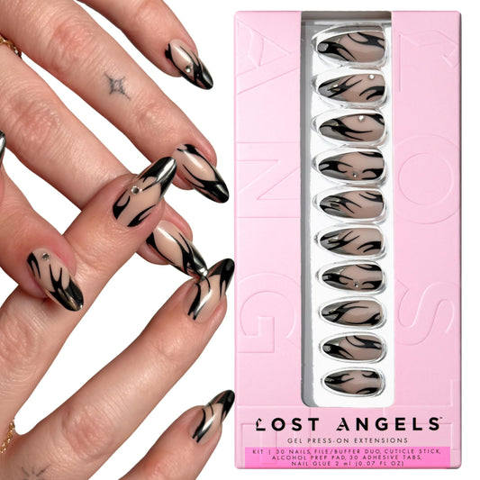 Lost Angels Gel Press On Nails - Chrome French Tip with Diamond Gems and Black Accents - Almond Medium Length - Easy Nail Kit with Adhesive Tab or Glue - 30 Fake Nail, 15 Sizes