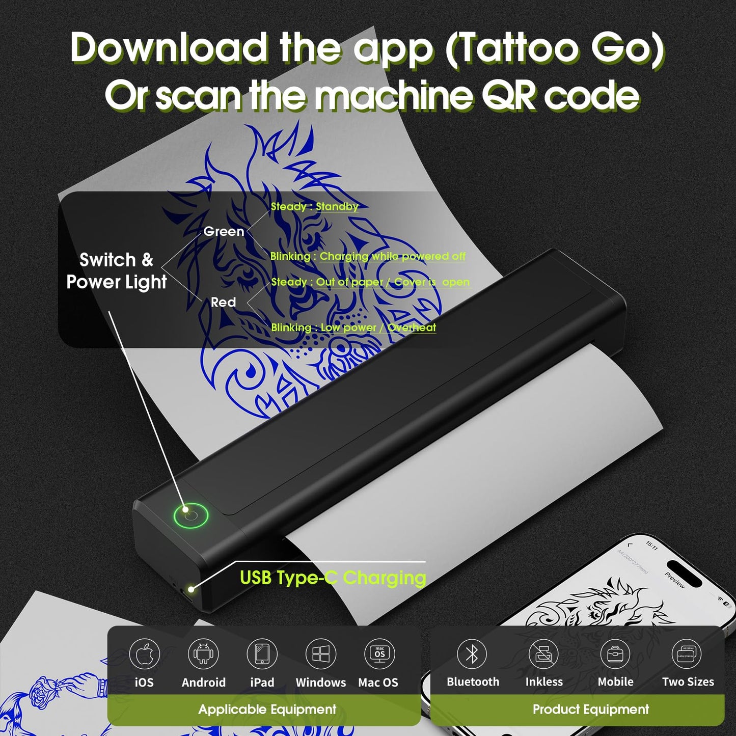 Tattoo Printer Kit - Tattoo Stencil Printer Machine with 6 Strokes 2.5-4.8mm Tattoo Gun, 1600mAh Power Supply, 20Pcs Tattoo Cartridge Needles for Beginners and Artists