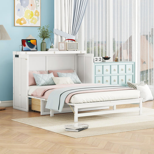PVWIIK Queen Size Murphy Bed with Drawer for Bedroom/Living Room/Small Space,Cabinet Bed Frame/Space Saving Design, No Box Spring Needed,White