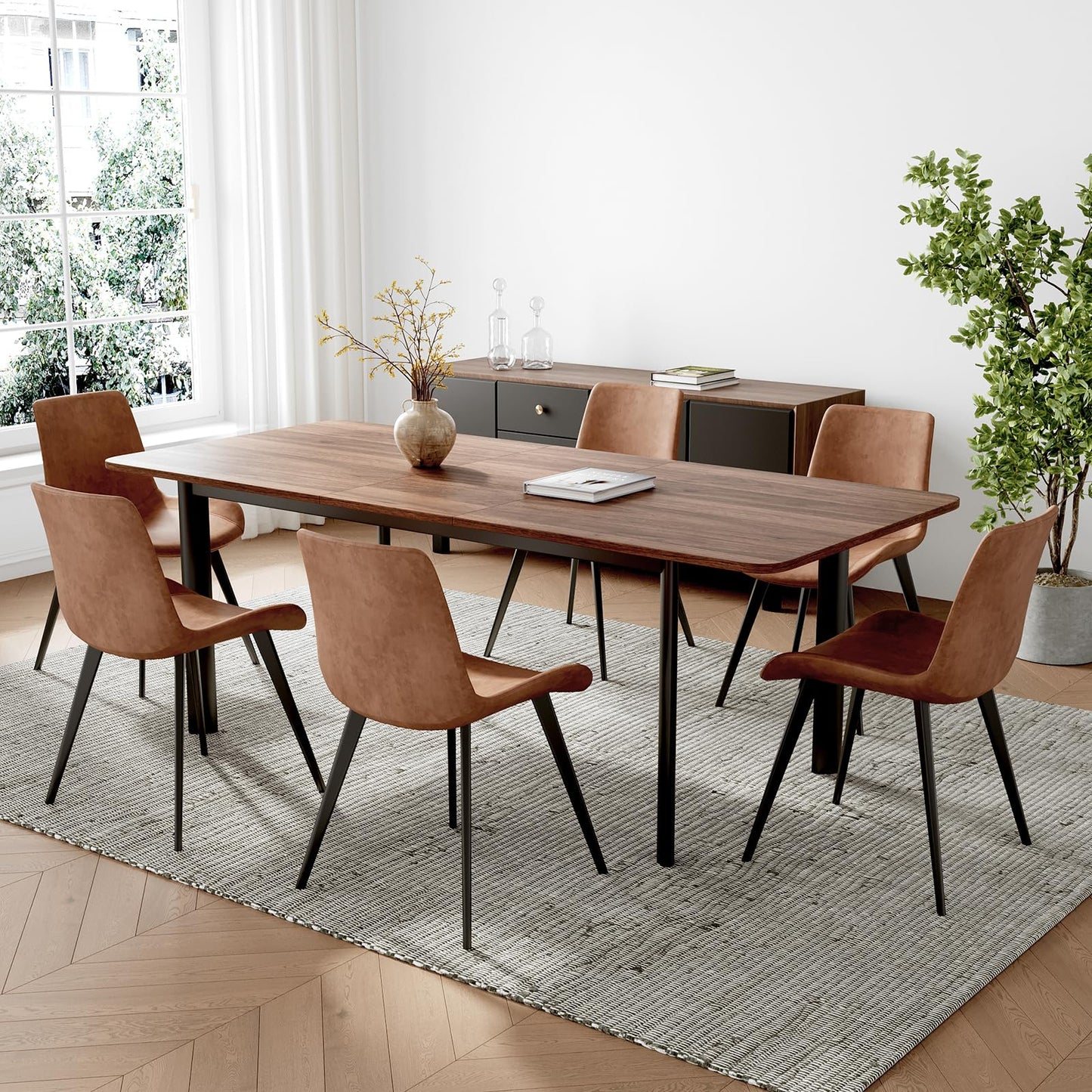 HIPIHOM 63"- 78.7" Extendable Dining Table Set for 6, Modern Kitchen Table with 6 Dining Chairs, Thickened Expandable Wooden Table with Metal Legs for Dining Room, Kitchen