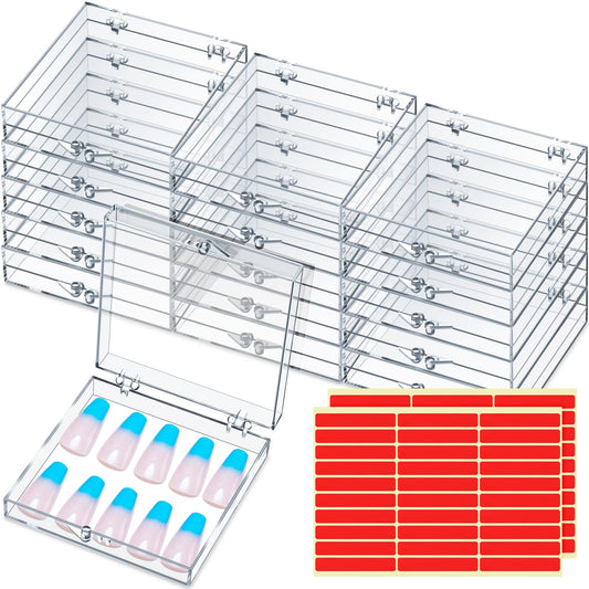 Landhoow 30 Pcs Press on Nail Storage Box with 60 Pcs Adhesive Double Sided Tape Acrylic Artificial False Nail Packaging Display Case Organizer for Art Home Business Salon Supplies(Clear)