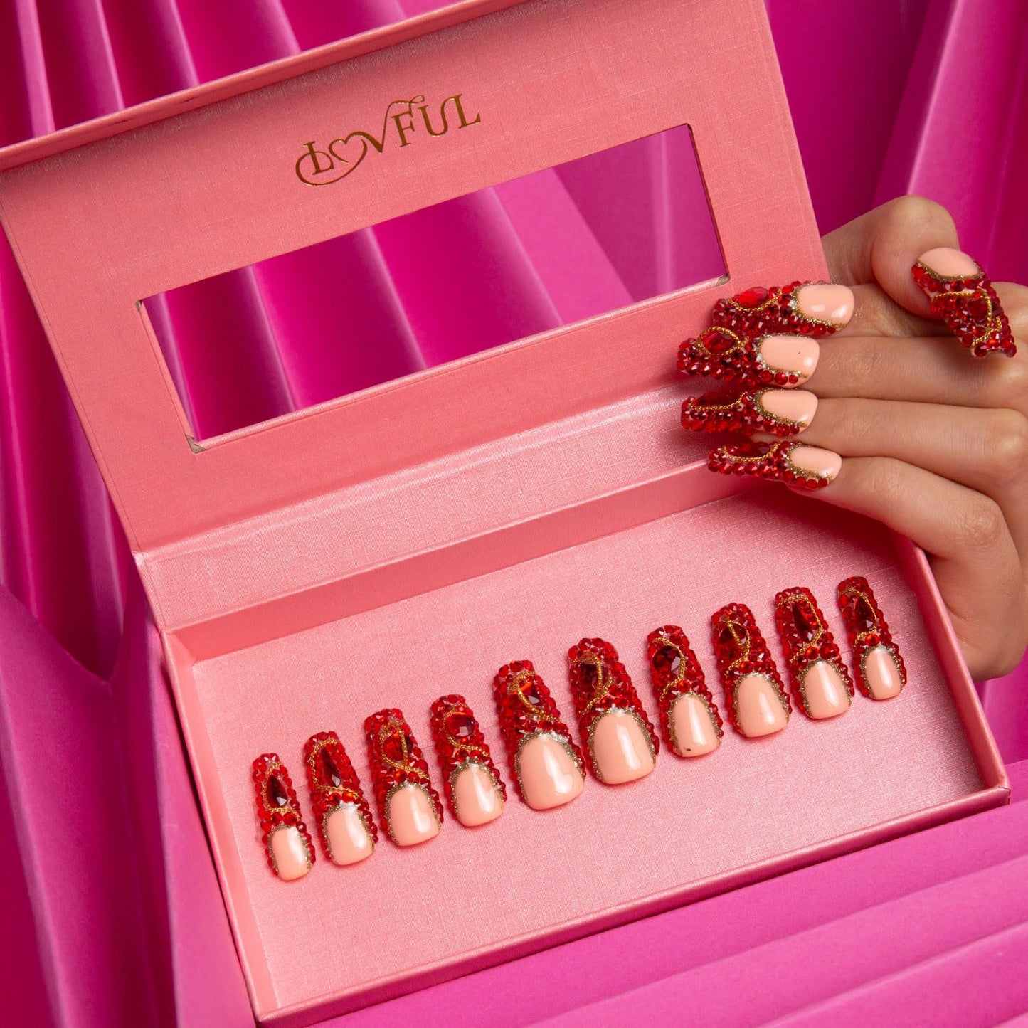 LOVFUL Press on Nails Flamingo | Handmade with Full Covered Crystals | Reusable Full Cover Nails | Coffin Classic Regular 1.3 in | H37-L
