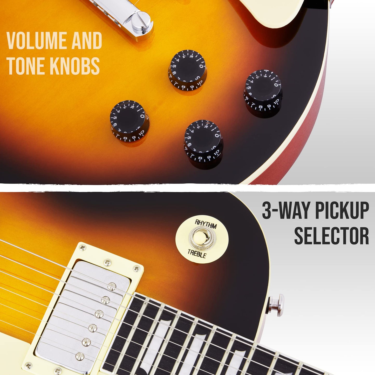 LyxPro 39” SB Series Electric Guitar, LP Style for Beginner, Intermediate & Pro Players Solid Body Guitar, Bonus 2-Pack of Picks, Mahogany Wood, Volume/Tone Controls, 3-Way Pickup - Sunburst