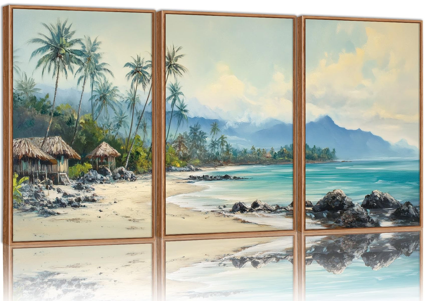 Rantodecor Tropical Coastal Framed Canvas Wall Art, Beach Landscape Posters Wall Decor, Island Palm Trees Beach House Art Paintings, Seascape Mountains Artwork for Bedroom Living Room Office 16"x24"x3