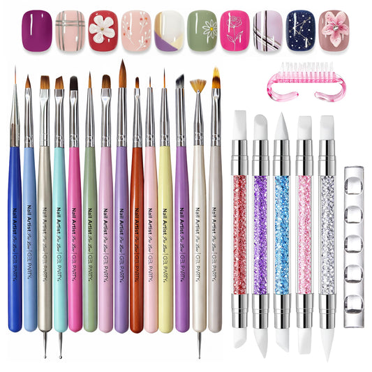 GEL PARTY Professional Nail Art Brush Kit – 21 Pcs Pastel Color Detail Brushes Set for Gel, Acrylic, Ombre & Nail Painting – Salon & DIY Use