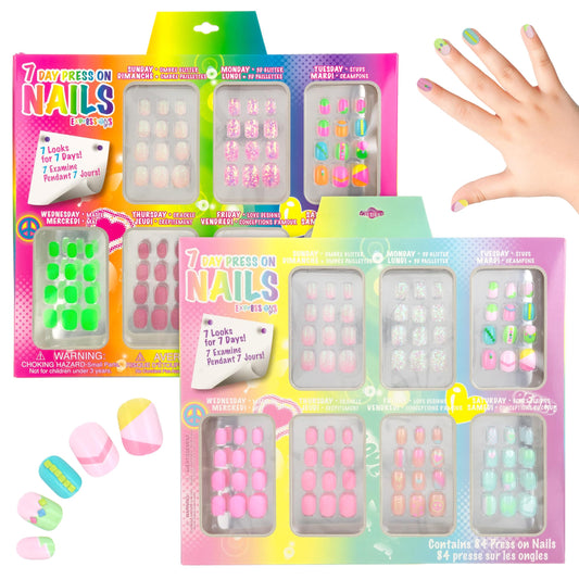 7 Day Manicure Collection - 84PC Press On Nail Set, Day-of-The-Week Adhesive False Nails for Girls (Set of Brights or Pastels) – Colorful Novelty Designs Stick On Nails for Kids