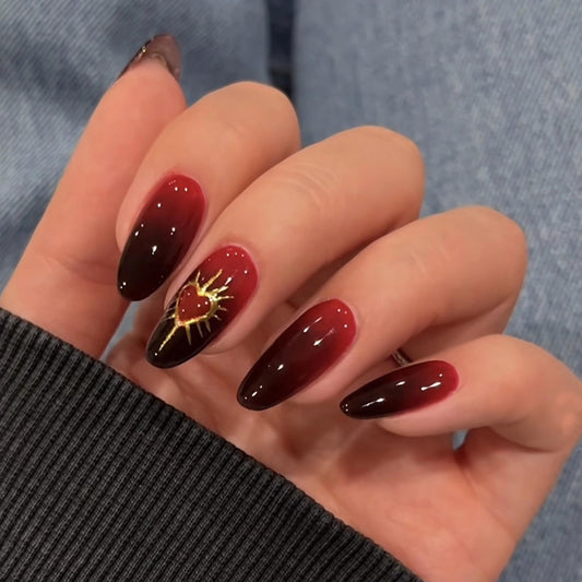 MERVF 24Pcs Medium Almond Press on Black Red Ombre French Tip Fake Nails with Gold Heart, Solid Color Design Glue ons Acrylic Glossy Finish Manicure