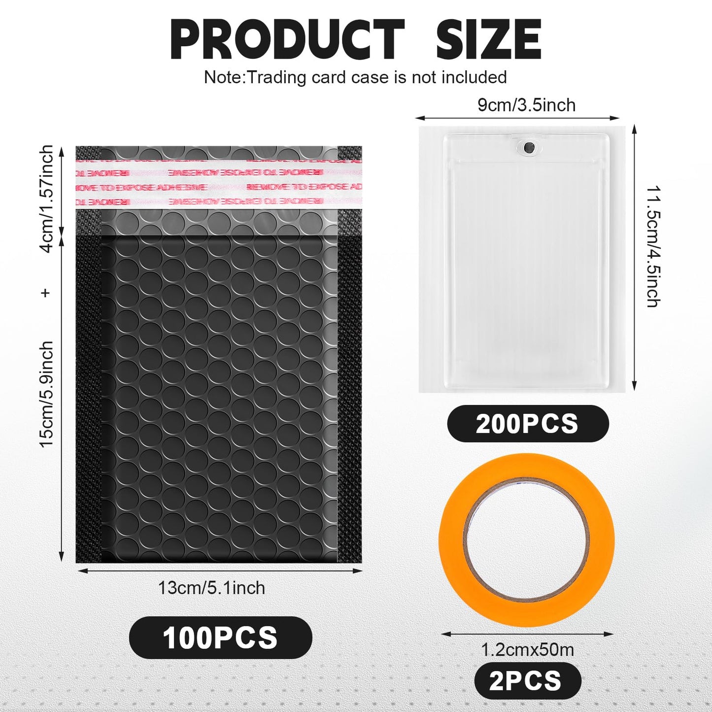 Engrowtic 302 Pcs Trading Card Shipping Protector Set Include 200 Precut Plastic Inserts Card Mailers 100 Poly Bubble Mailers Padded Envelopes and 2 Masking Tape(Black,5.1 x 5.9 Inch)