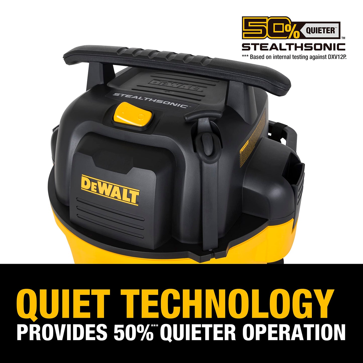 DEWALT 12 Gallon STEALTHSONIC Ultra Quiet Poly Wet Dry Vacuum, DXV12P-QTA Powerful Suction Noise Reduction Vac, 5.5 Peak HP Shop Vacuum for Jobsite/Workshop, Reduce Motor Noise, Yellow