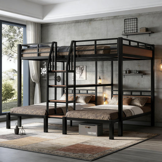Bellemave Queen Over Twin & Twin Bunk Bed with Shelves, Metal Triple Bunk Beds with Safety Guardrails and Underbed Storage, Heavy-Duty 3 Bunk Beds for Kids, Teens, Adults, No Box Spring Needed, Black