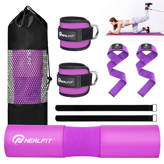 NEALFIT Barbell Pad Set with Lifting Straps & Ankle Straps - Squat Pad for Hip Thrusts, Lunges, Weightlifting - Heavy Duty Strength Training Equipment for Powerlifting, Home Gym (Purple)