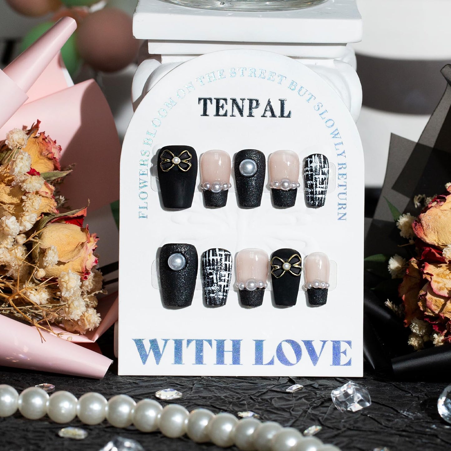 TENPAL Handmade French Tips Press on Nails Medium,Black Gold Pearl & Bow Tweed Coffin,Detachable Luxury Heirloom Elegance for Fair Skin, Acrylic Wedding Nails for Women(XS)