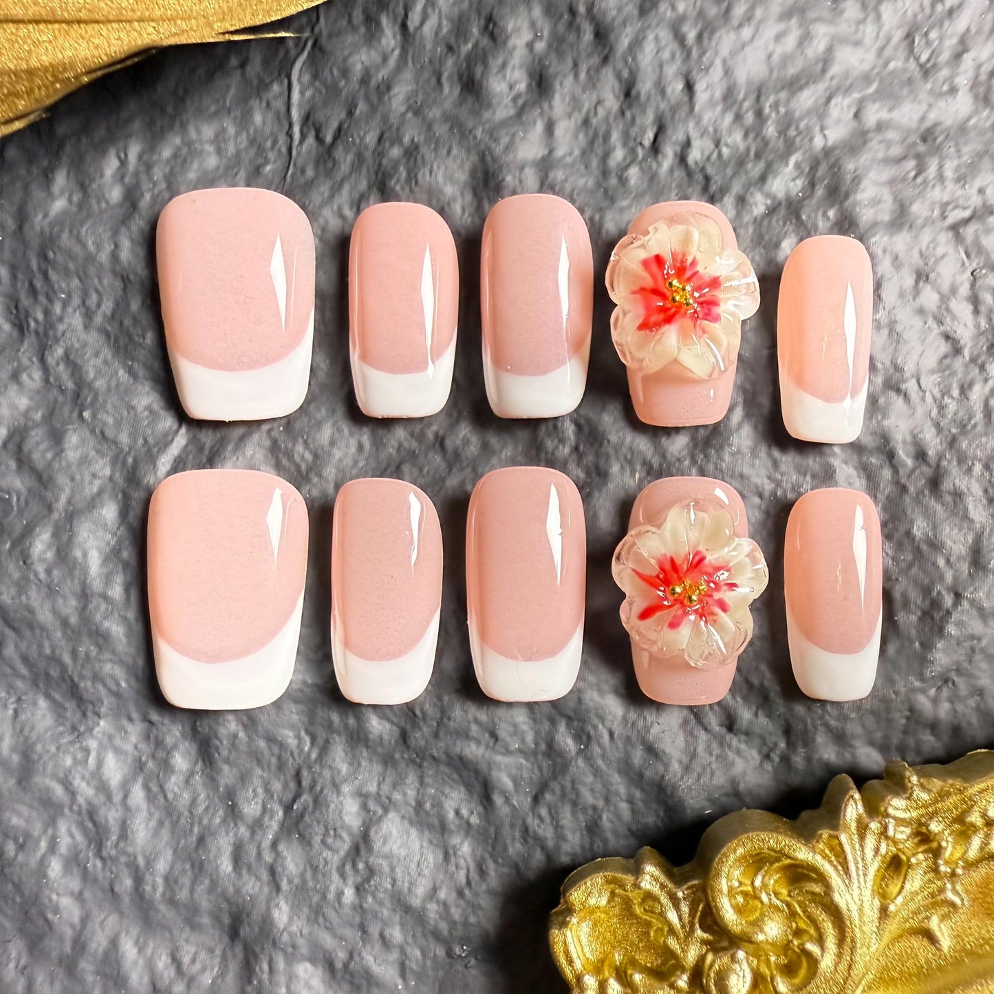 Handmade Press On Nails Square short m Soft Blossom French Handmade Nails 3d Floral Reusable Wedding Prom And Festival Gift Photograph Handmade Acrylic Press On Nails (Medium)