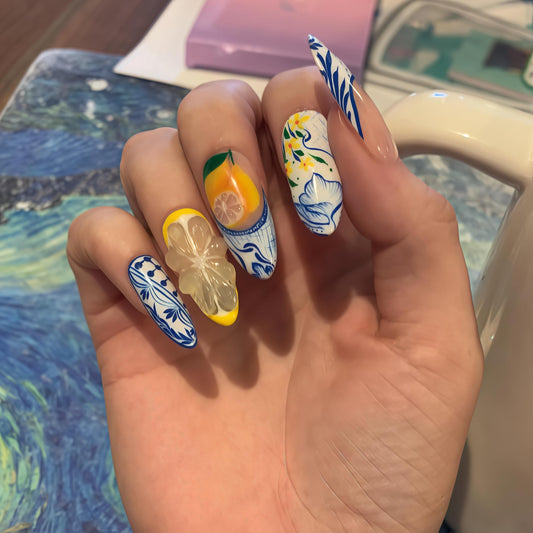 Handcrafted Press On Nails Italian Vacation Style Lemon & Blue Ceramic Pattern 100% Handmade Realistic Artistic Fake Nails With Adhesive Glue Tabs And Tool Gifts For Women (Hand-Painted Lemon,Long L)