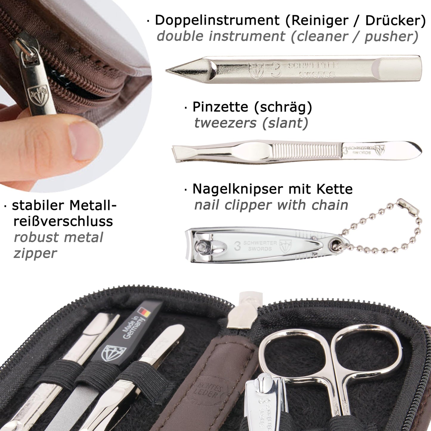 3 Swords Germany - brand quality 5 piece manicure pedicure grooming kit set for professional finger & toe nail care scissors clipper genuine leather brown case in gift box, Made in Germany