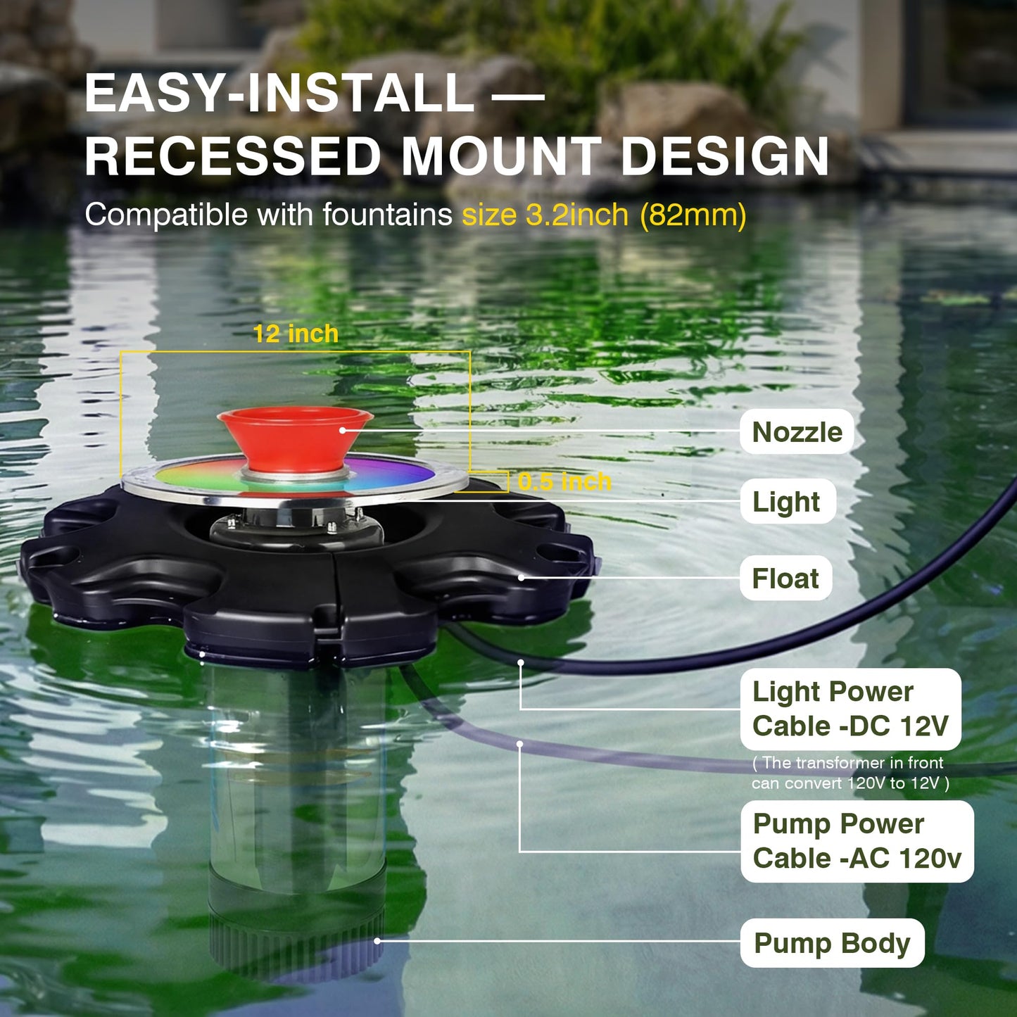 Pond Fountain Aerator Lights, RGB LED Color-Changing Aerator Floating Fountain Light, AC 120V, 100ft Cable with Controller, APP & Remote Control, Compatible with Most Pond Aerators (Pump Not Included)