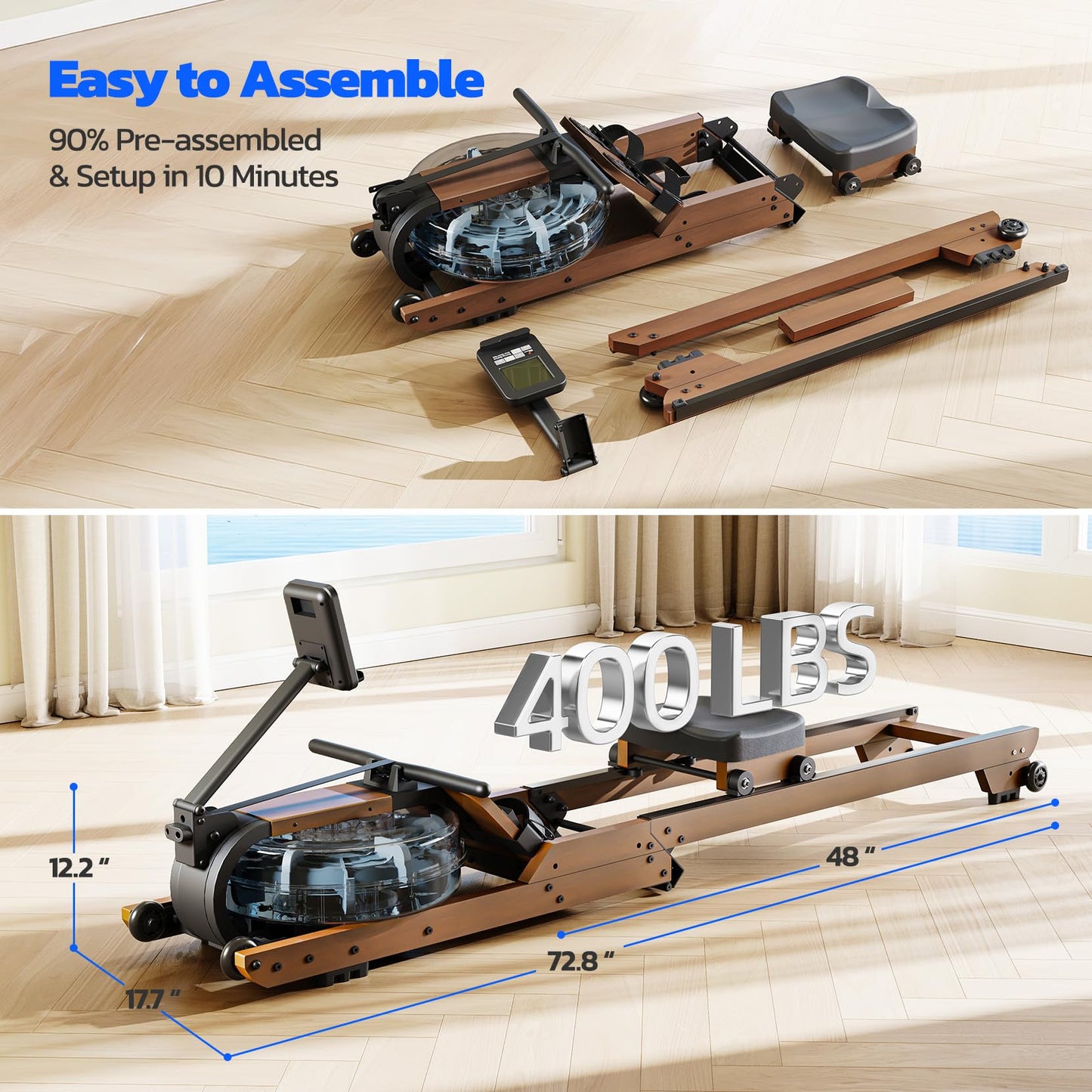 Dripex Water Rowing Machines for Home Use, Foldable Row Machine with 400LBS Weight Capacity, Rower Machine with Dedicated LCD Monitor, Comfortable Seat, Bluetooth App Compatible for Home Gym Exercise