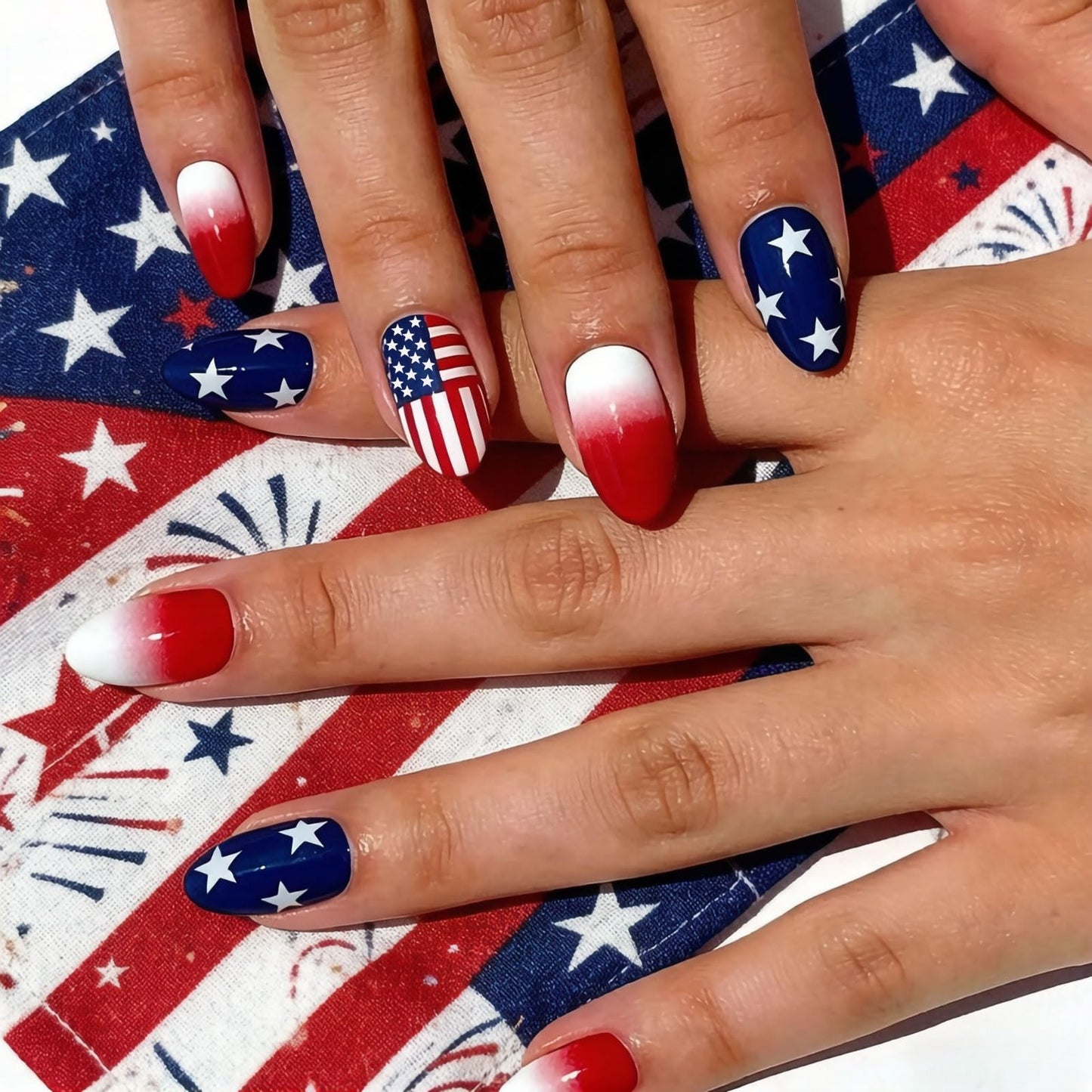 24Pcs 4th of July Press on Nails Medium Almond, Red White and Blue Patriotic Designs, Glossy Full Cover Fake Nails, Reusable Glue on Nails with Acrylic Effect,Nude Nails Press ons for Women