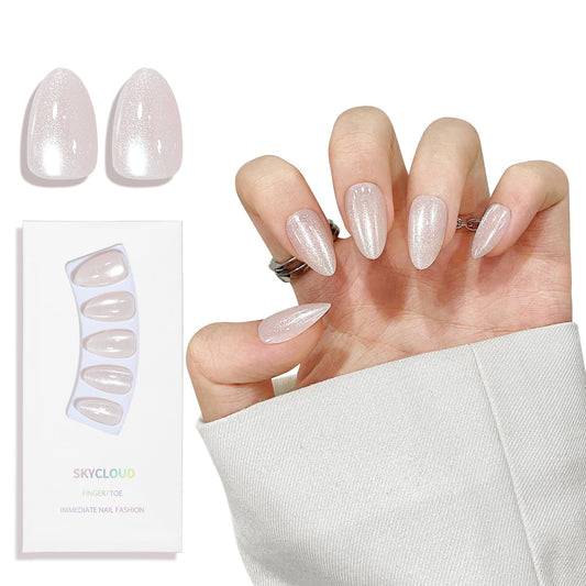 Almond Cat Eyes Press On Nails,12 Sizes - 24 Pcs Soft Gel White Medium Fake Nails Kit with Nail Glue, Natural Reusable Stick On False Nails for Women and Girls (Skycloud Moon White) SK0752