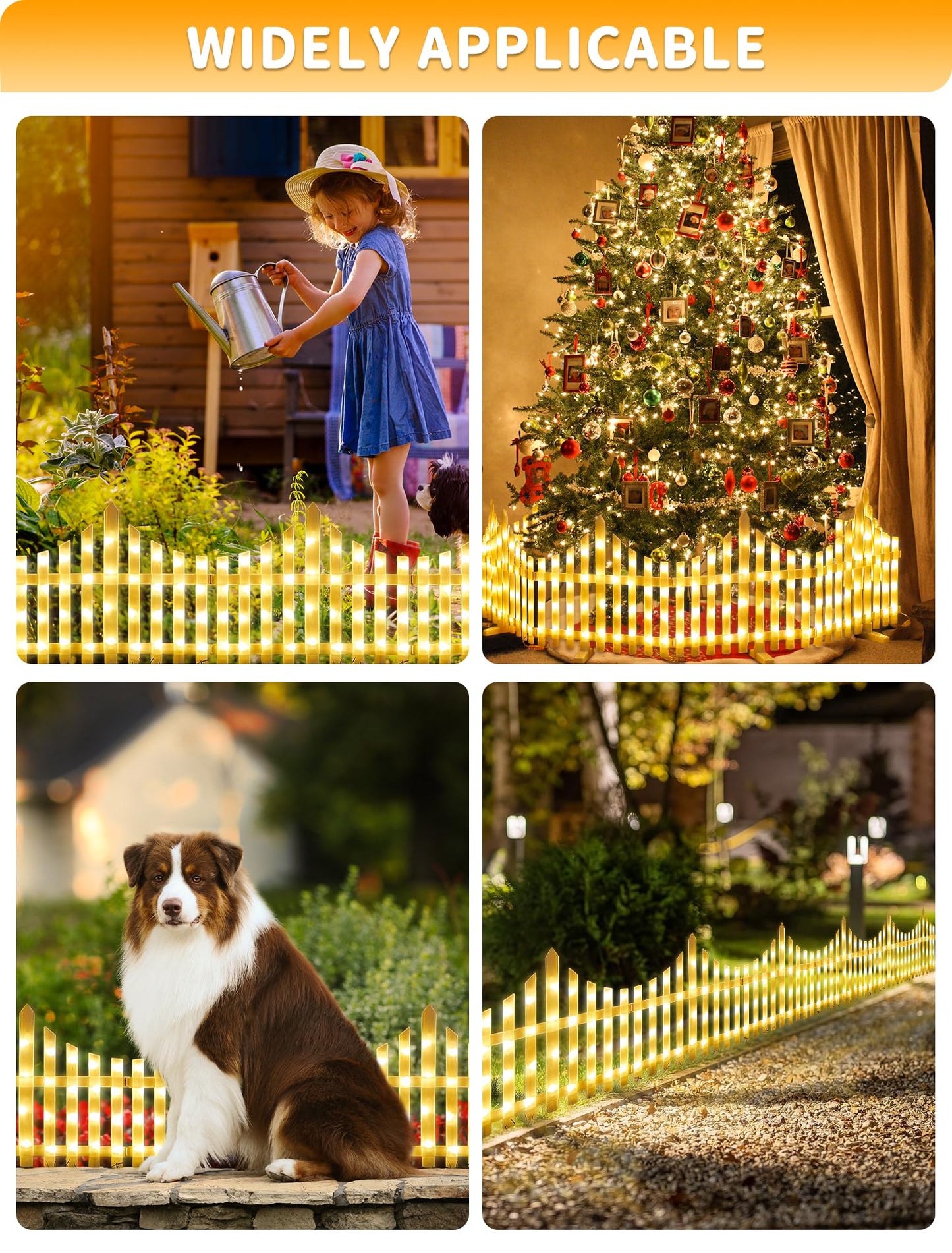 Hopolon 8 Pack White Picket Fence for Garden, 11.1in (H) X 9.1ft (L) Garden Fence Border with 144 Led Solar Lights and Remote, Decorative Mini Pocket Fence for Small Flower Path Tree Yard Pet Barrier