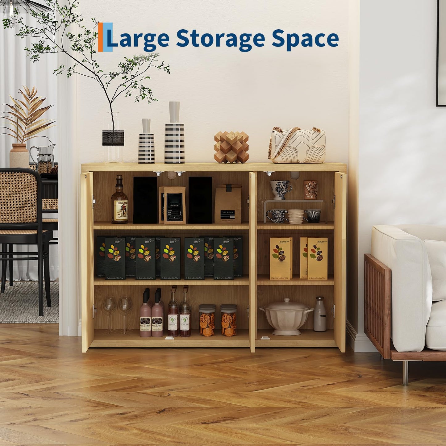 46.7 in Sideboard Buffet Cabinet with Storage, Wooden Fluted Storage Cabinet Sideboard with Adjustable Shelves and 3 Doors, Wood Accent Credenza Coffee Bar Table for Kitchen Living Room- Natural