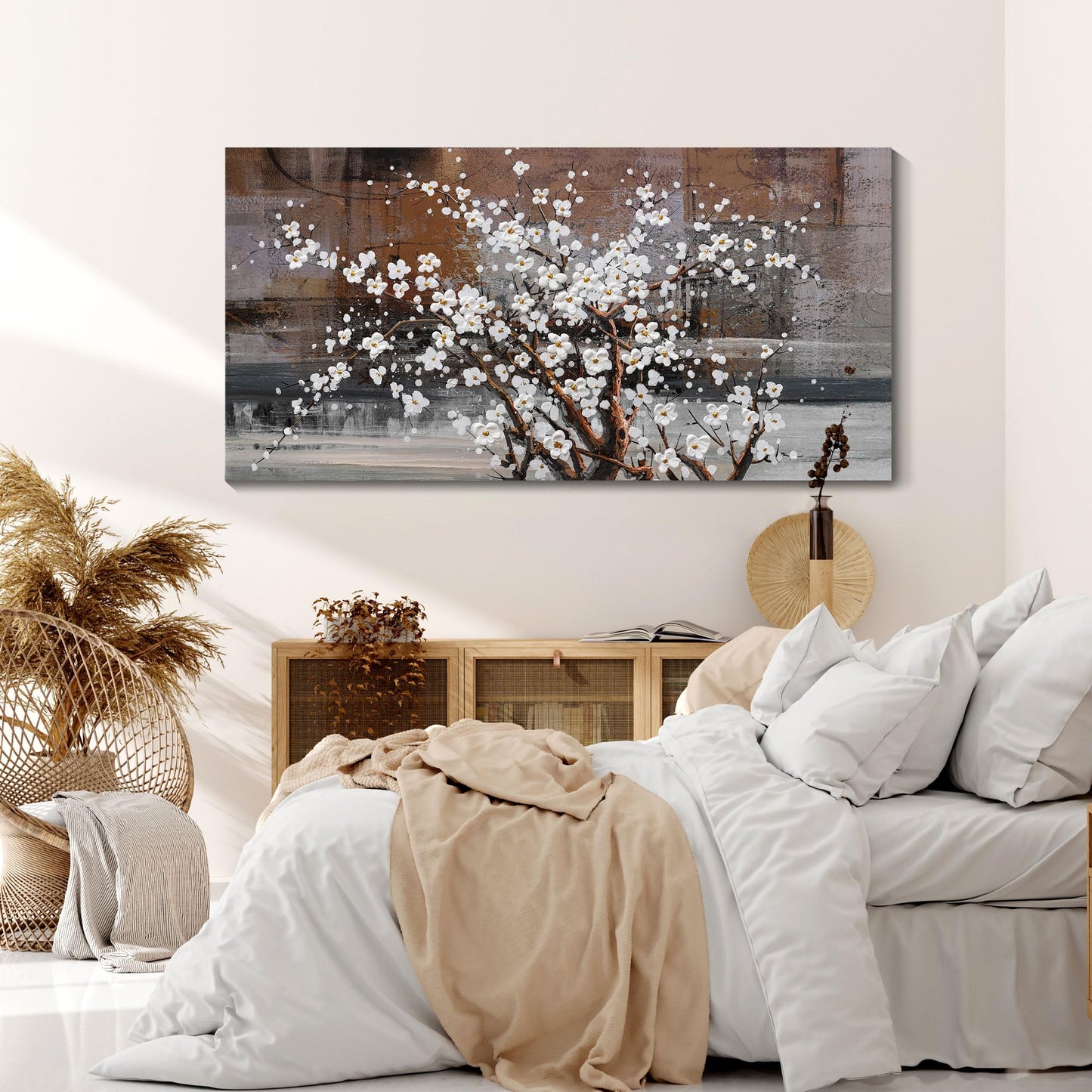 Wall Art for Living Room Large Modern Wall Decor Canvas Paintings for Wall Decorations White Flower Graffiti on Brown Background Bedroom Office Artwork Plum Blossom Art Prints Framed 24x48 inches