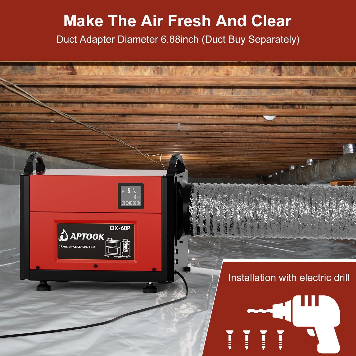 APTOOK 110 Pints Commercial Dehumidifier with Drain Hose, Crawl Space Dehumidifier for Water Damage Restoration, Flood Repair, Crawlspace and Basement, Red