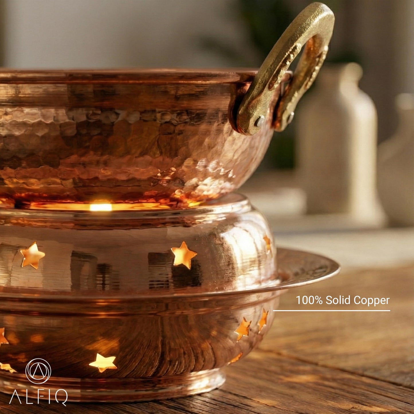 ALFIQ Solid Copper Oil Warmer Pot Set, Ayurvedic Massage Bowl with Stand for Spa & Aromatherapy, Handcrafted Hammered Finish, Premium Essential Oil Heater for Abhyanga, 100% Pure Copper