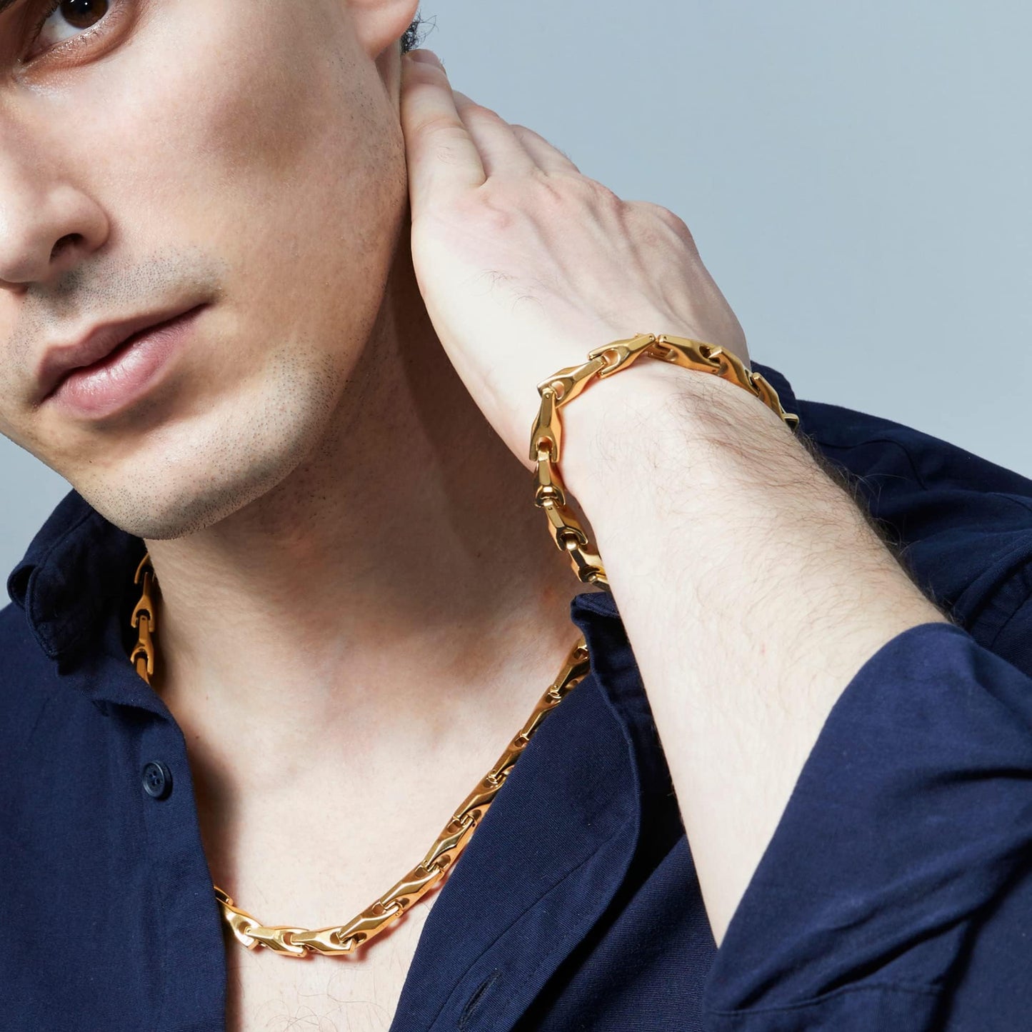 Men’s Gold Bracelet & Necklace Set - 9" Tungsten Carbide Bracelet + 22.4" Snake Link Chain, 18K Gold Plated, Heavyweight Jewelry for Men, Scratch-Resistant, Gift Box Included