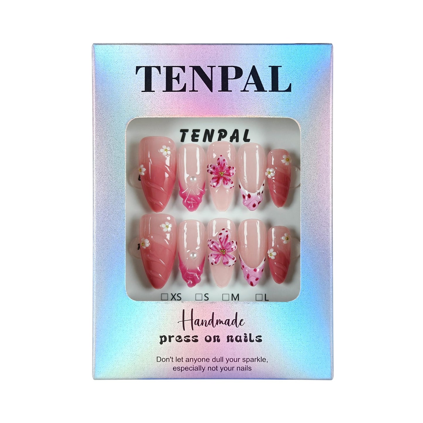 TENPAL Almond Press on Nails - Pink French Ombre & 3D Texture with Polka Dot & Wave Carving, Reusable & Handmade False Nails for Spring Summer | Sweet Watercolor Style(XS)