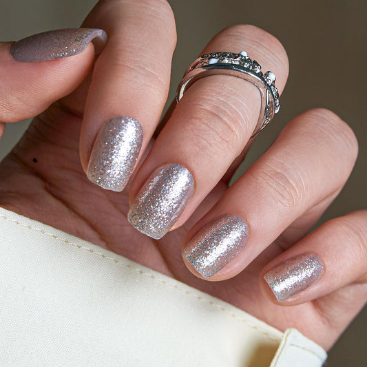 Curvlife Short Press on Nails Square Acrylic Fake Nails with Silver with glitter Design Full Cover False Nails Reusable Nail Kit with Nail Glue Adhesive Tabs Nail File Artificial