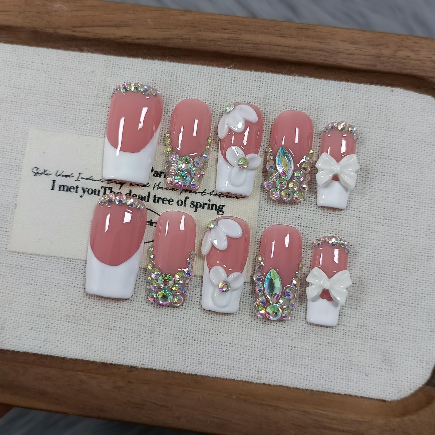 TENPAL Handmade Press on Nails Medium Long Square - Sheer Nude French Tip Fake Nails with 3D Floral, Full Cover Glitter 3D Bow Design False Nail Tips for Women Girls Daily Wear Parties Gifts(L)