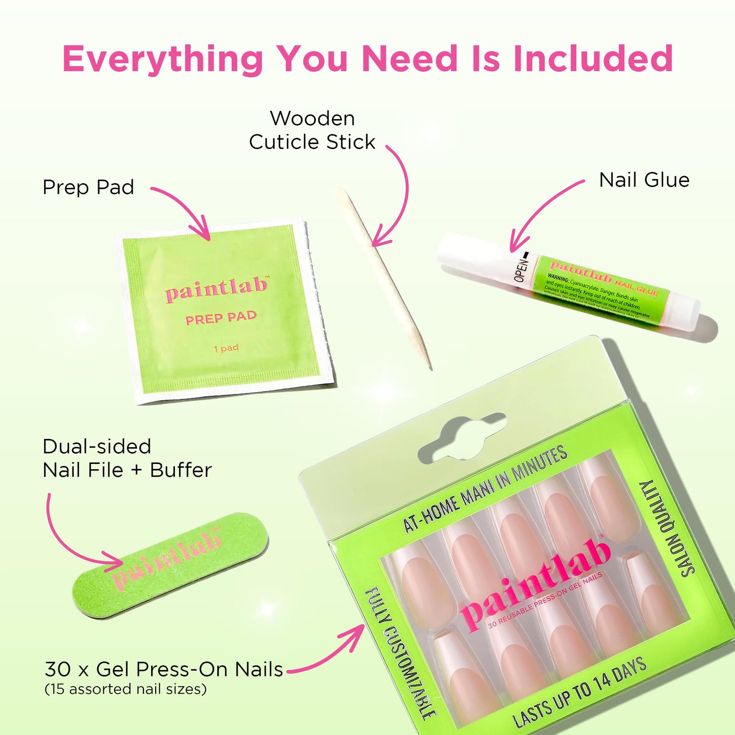 PaintLab Press On Nails - French Tip Classic Coffin Fake Nails, 30 Nails in 15 Sizes with Glue, Reusable Salon Quality Press On Nails