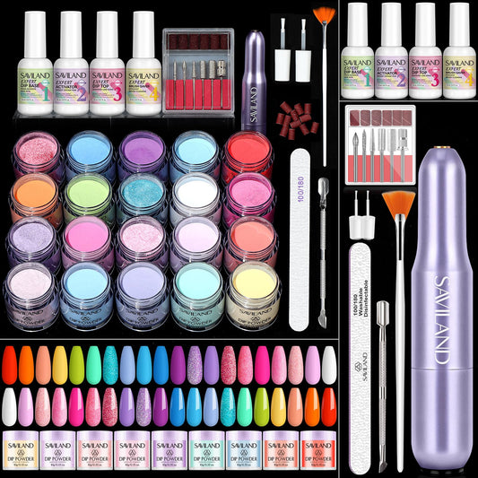 SAVILAND Dip Powder Nail Kit with Drill - 20 Colors Summer Neon Dip Nails Powder Starter Kit with Everything Dip Liquid Dipping System Base Top Coat Activator Manicure Art Salon DIY Christmas Gift