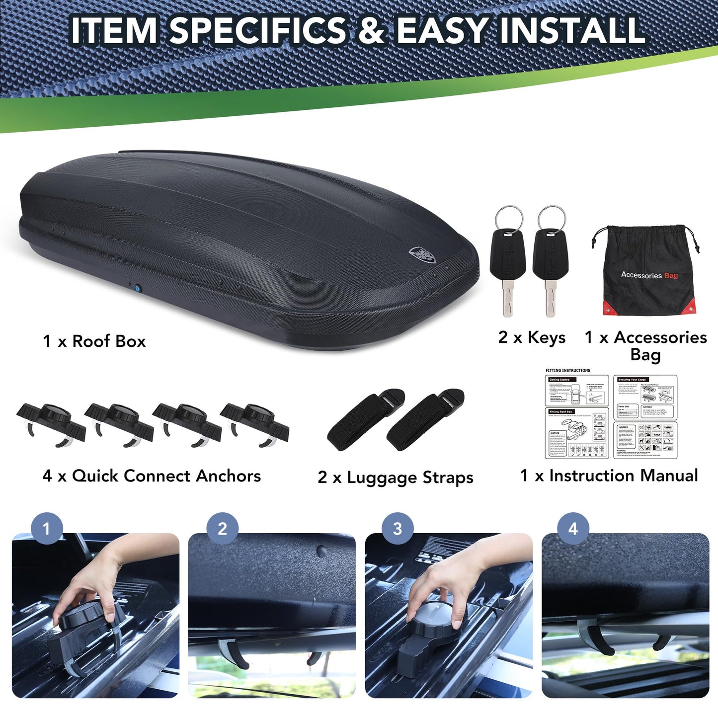 PeakPursuit 12 Cubic Feet Hard Shell Top Mount Carrier, Rooftop Cargo Box Carrier, Dual-Side Opening, Universal Fit for Cars & SUVs, Waterproof ABS Material with Secure Straps & Keys