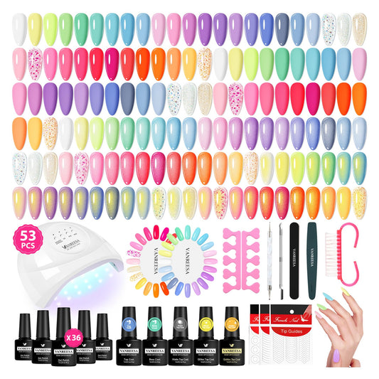 VANREESA Gel Nail Polish Kit with U V Light 53 Pcs Gel Polish Nail Set 36 Sweet Colors Nail Polish Set with Base Coat and 4 Effects Top Coat Manicure Tools Complete Nail Kit Gifts for Women Girls